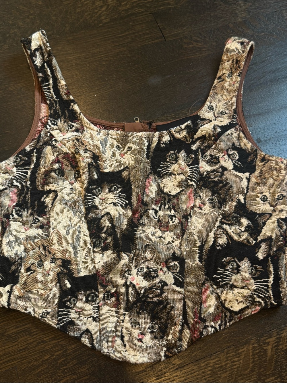 Cider Textured Woven Cat Crop Top in Brown and Tan